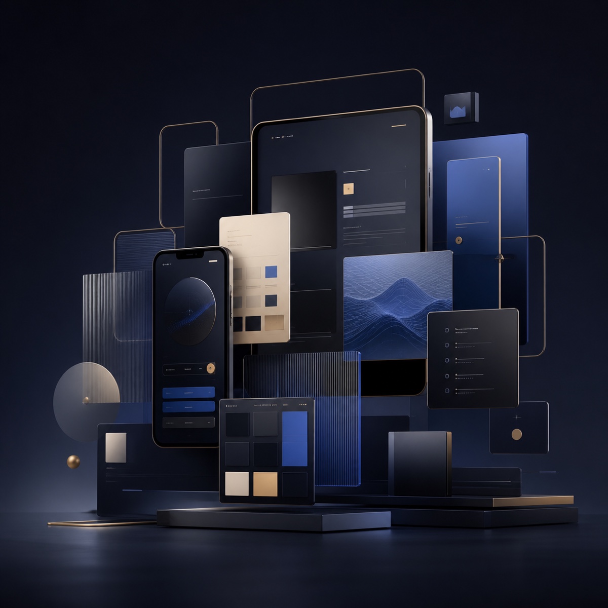 A sculptural arrangement of premium digital product interfaces
